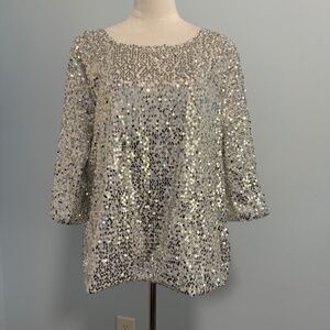 OMONSIM Women’s‎ Plus 3/4 Sleeve Sequin Silver Top Blouse Size XXL